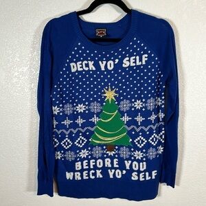 Well Worn Ugly Christmas Sweater Deck Yo Self Before You Wreck Yourself Size Med